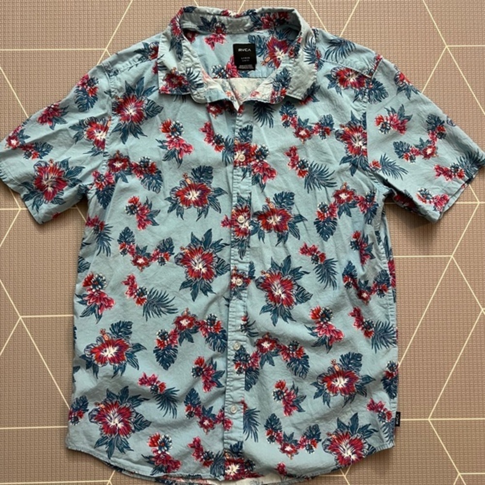 RVCA Men's Mcmillan Floral Woven Short Sleeve Shirt, blue floral, mens Large